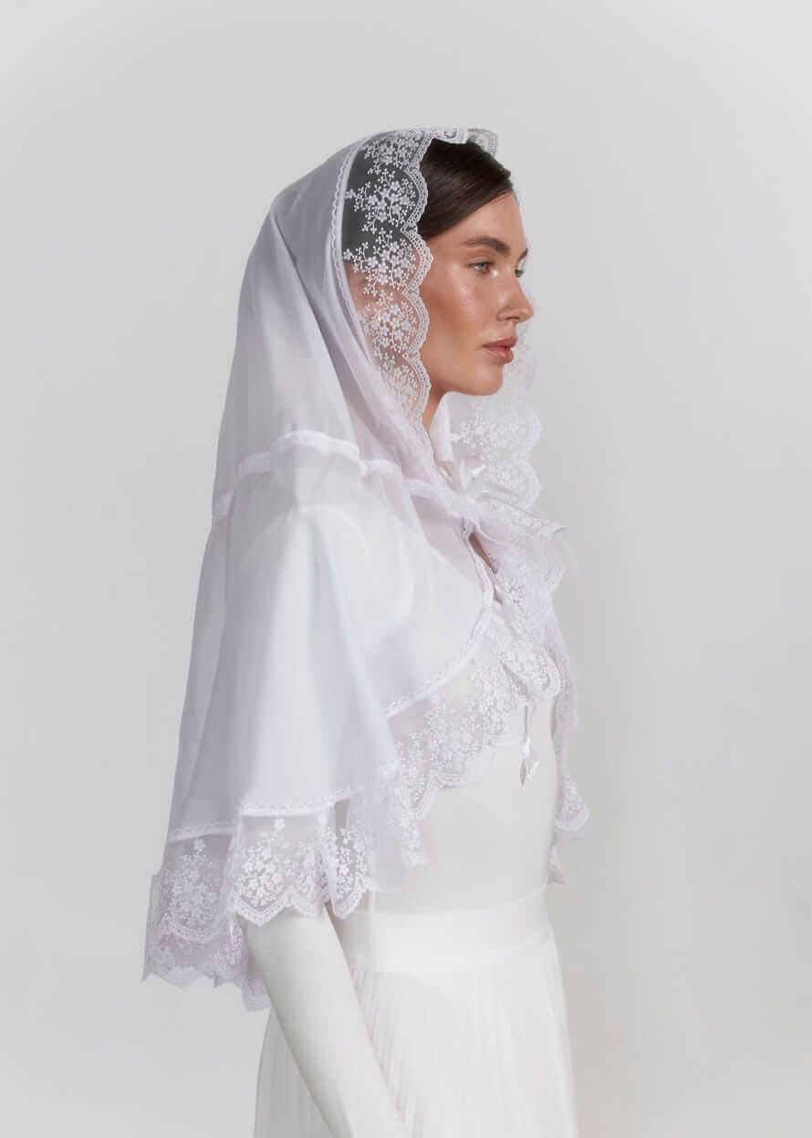 Жіноча накидка для храму “Pure Grace” з капюшоном та мереживом, біла