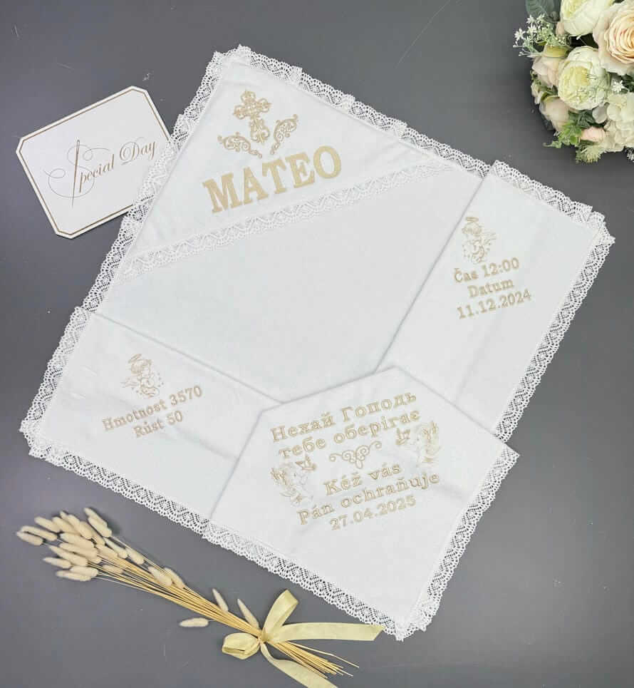 Крижма для хрещення "Матео" з вишивкою метрики