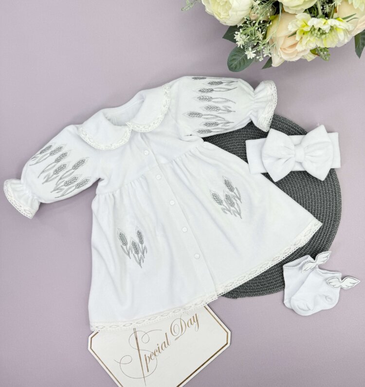 Хрестильна сукня для дівчинки "Колосок" з вишивкою, велюрова