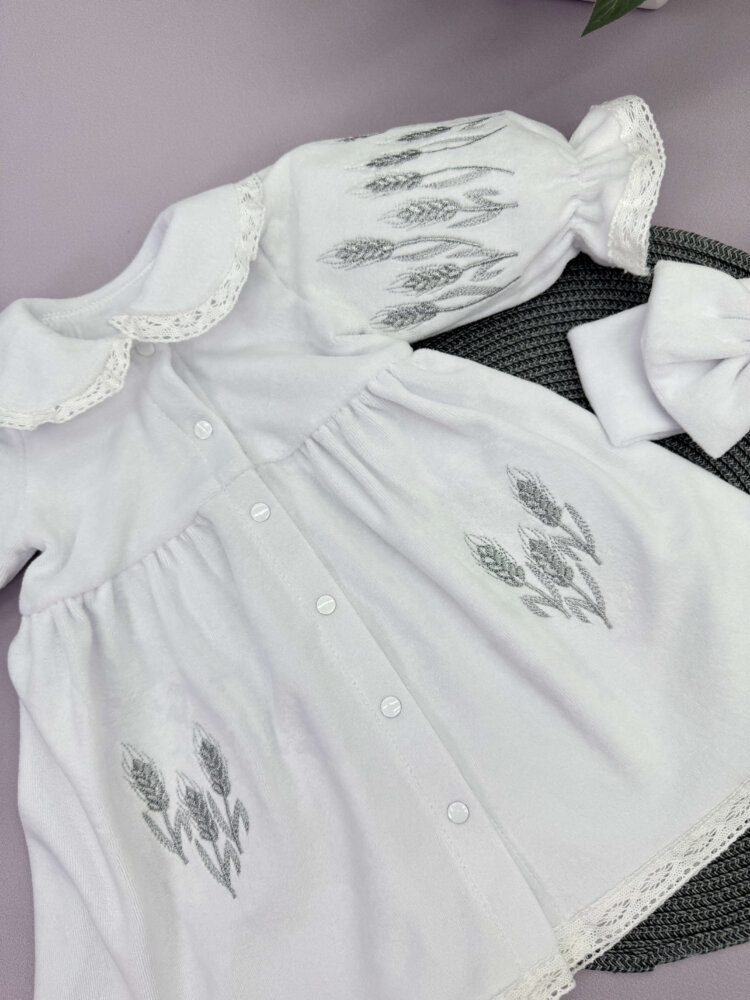 Хрестильна сукня для дівчинки “Колосок” з вишивкою, велюрова