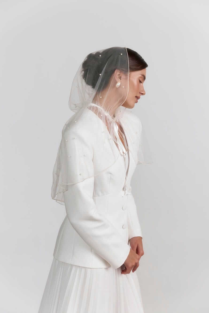 Палантин для відвідування храму “Pearl Sky”, фатин з перлинами, білий