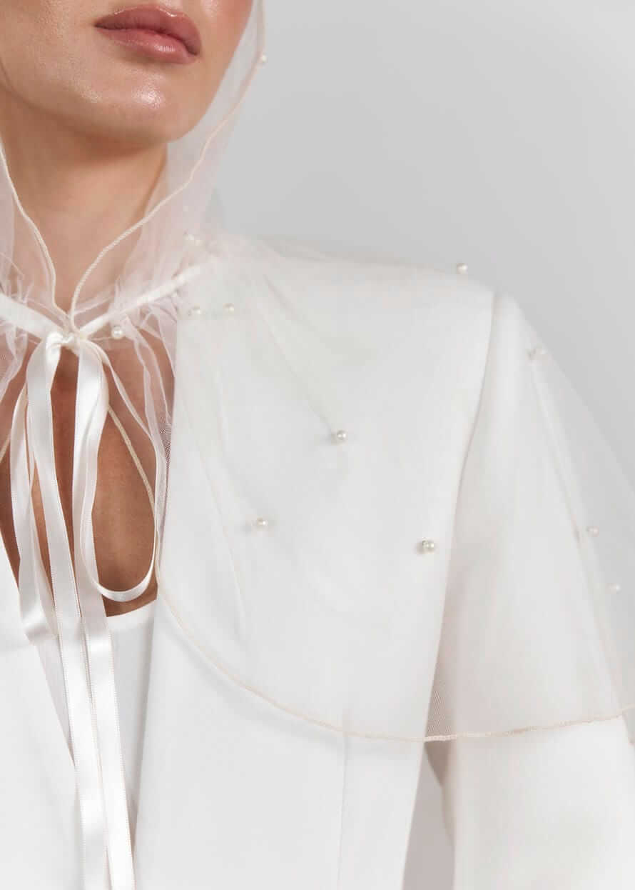 Палантин для відвідування храму “Pearl Sky”, фатин з перлинами, білий