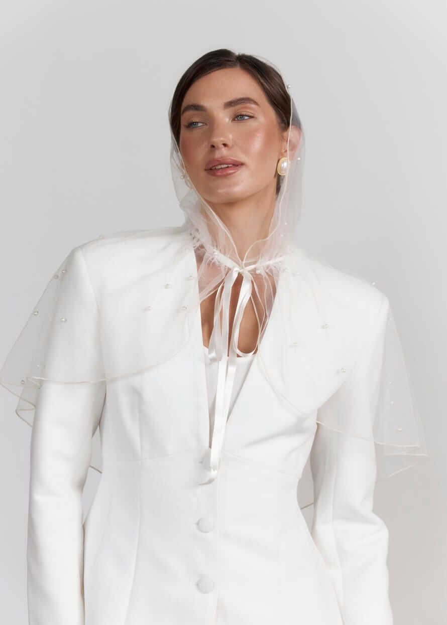 Палантин для відвідування храму “Pearl Sky”, фатин з перлинами, білий