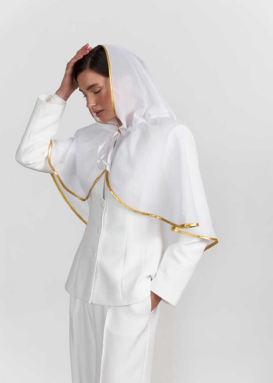 Палантин для відвідування храму “Golden Line” з капюшоном та золотою бейкою, шифон, білий