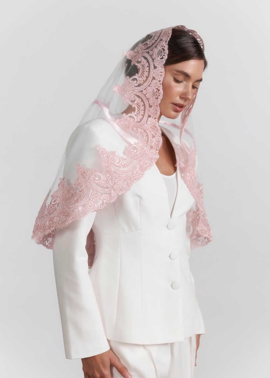 Розкішний палантин для храму “Rose Vintage” з мереживом, фатиновий