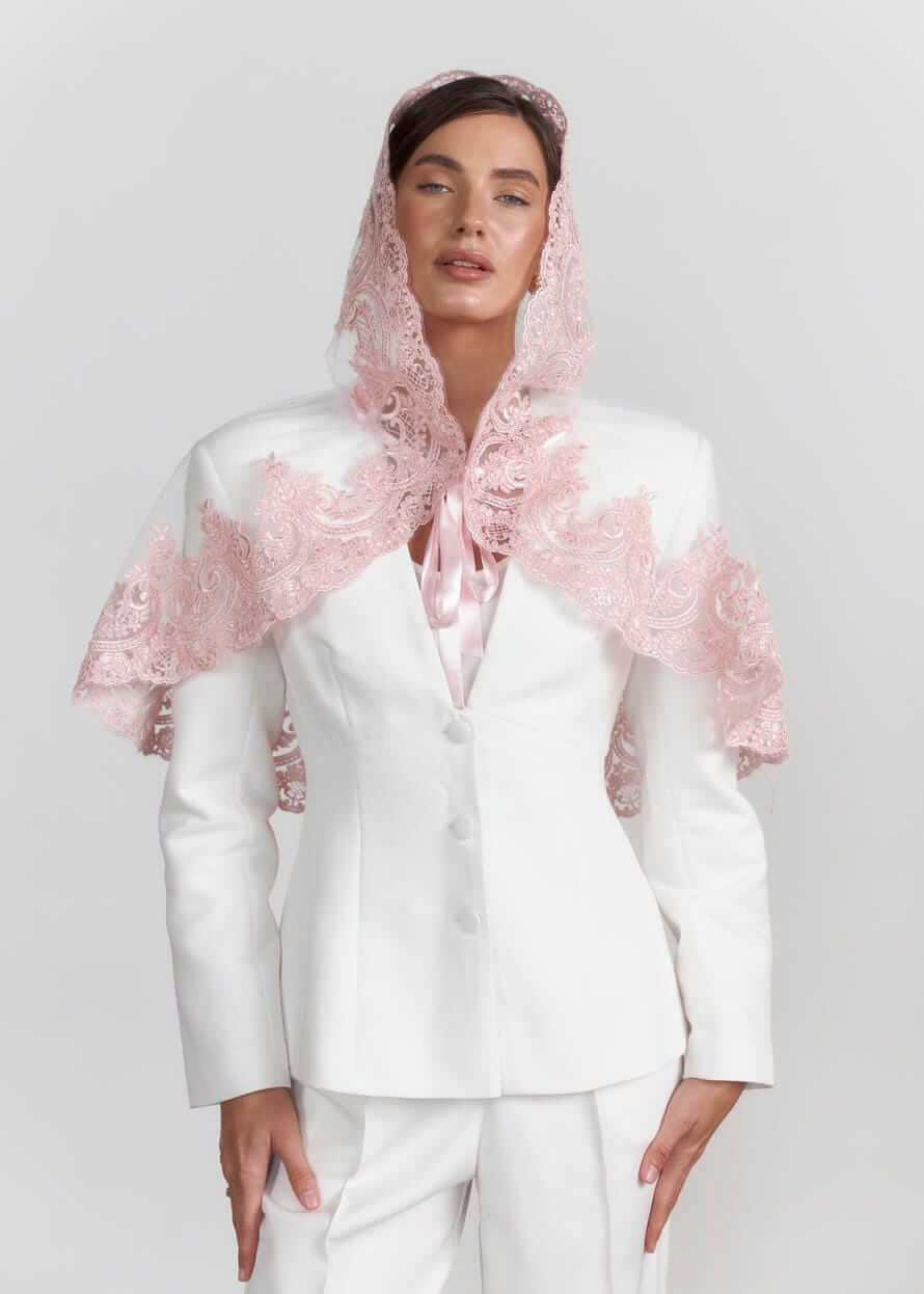 Розкішний палантин для храму “Rose Vintage” з мереживом, фатиновий