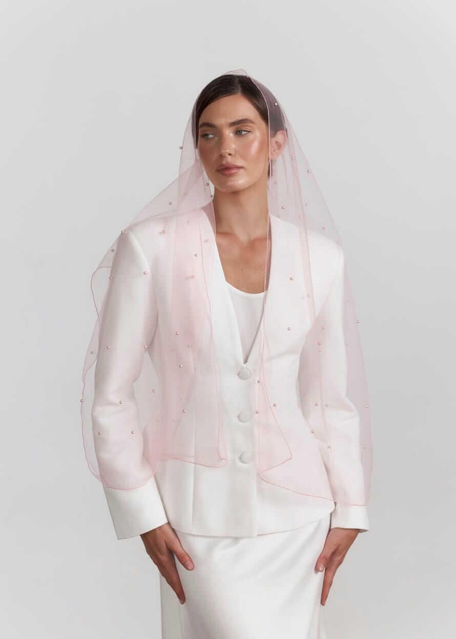 Шарф “Рожева Вуаль” з фатіну з перлинами (пудровий)