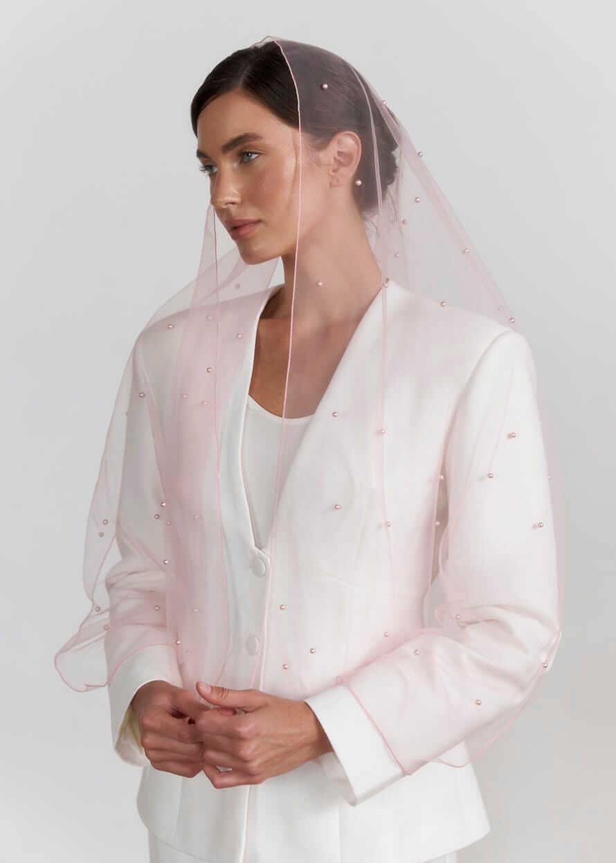 Шарф “Рожева Вуаль” з фатіну з перлинами (пудровий)