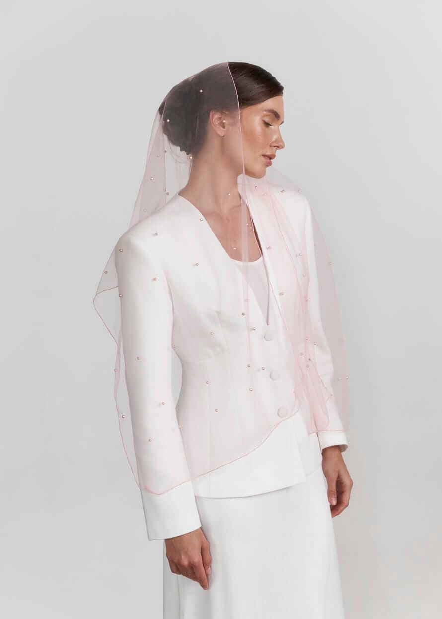 Шарф “Рожева Вуаль” з фатіну з перлинами (пудровий)