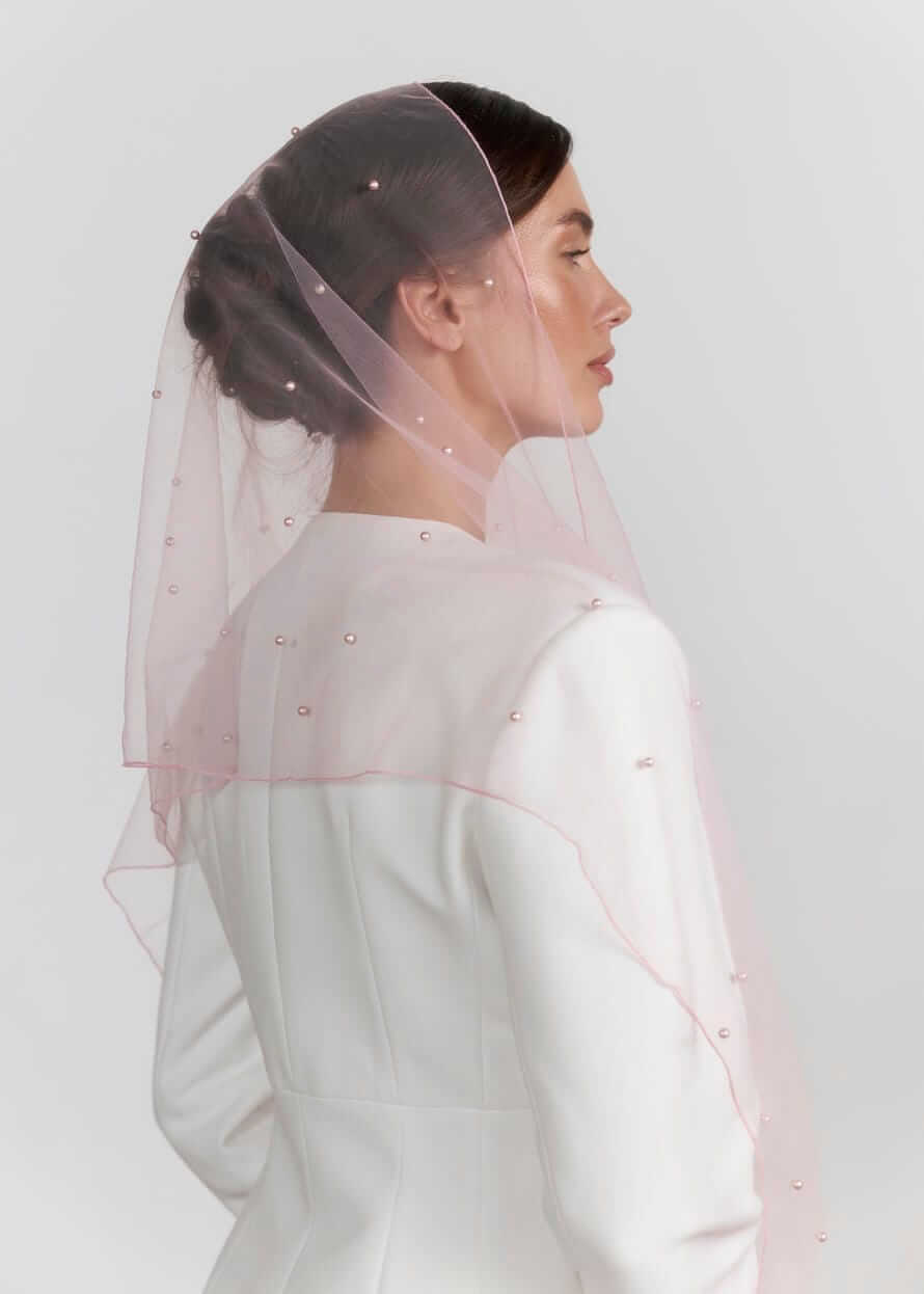 Шарф “Рожева Вуаль” з фатіну з перлинами (пудровий)