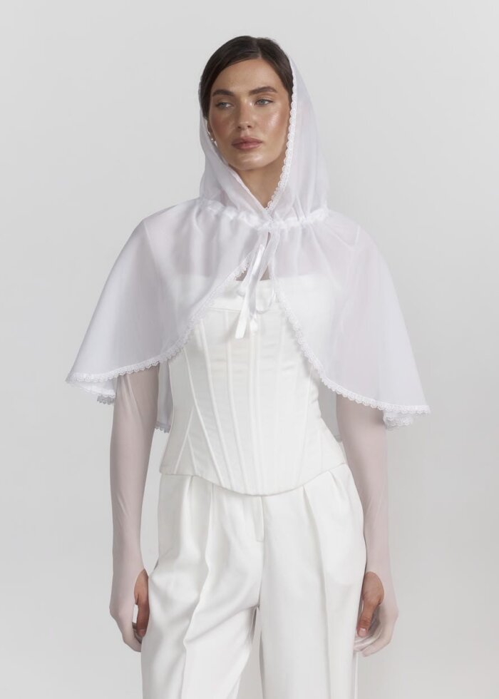 Палантин "Ефірний Шифон" білий, з мінімалістичним турецьким мереживом