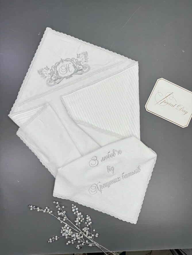 Крижма "Хвилька" утеплена: Велюр-махра, трикотаж "Косичка", іменна