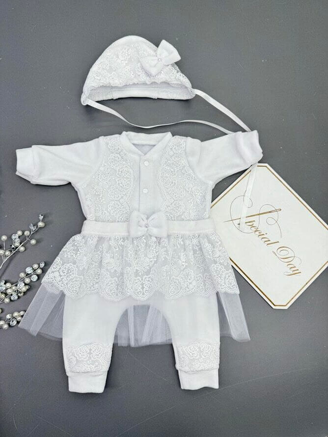 Хрестильний набір "Мереживна Фея" для дівчинки (Чоловічок-сукня, Чепчик)