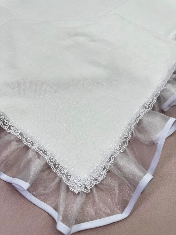 Крижма для хрещення “Срібний Ангел” із велюр махри, біла; з органзою та мереживом