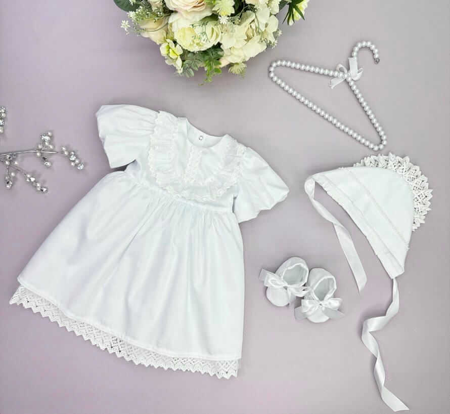 Хрестильний набір "Перлинна Принцеса" (Сукня, Чепчик, Пінетки), Білий Сатин