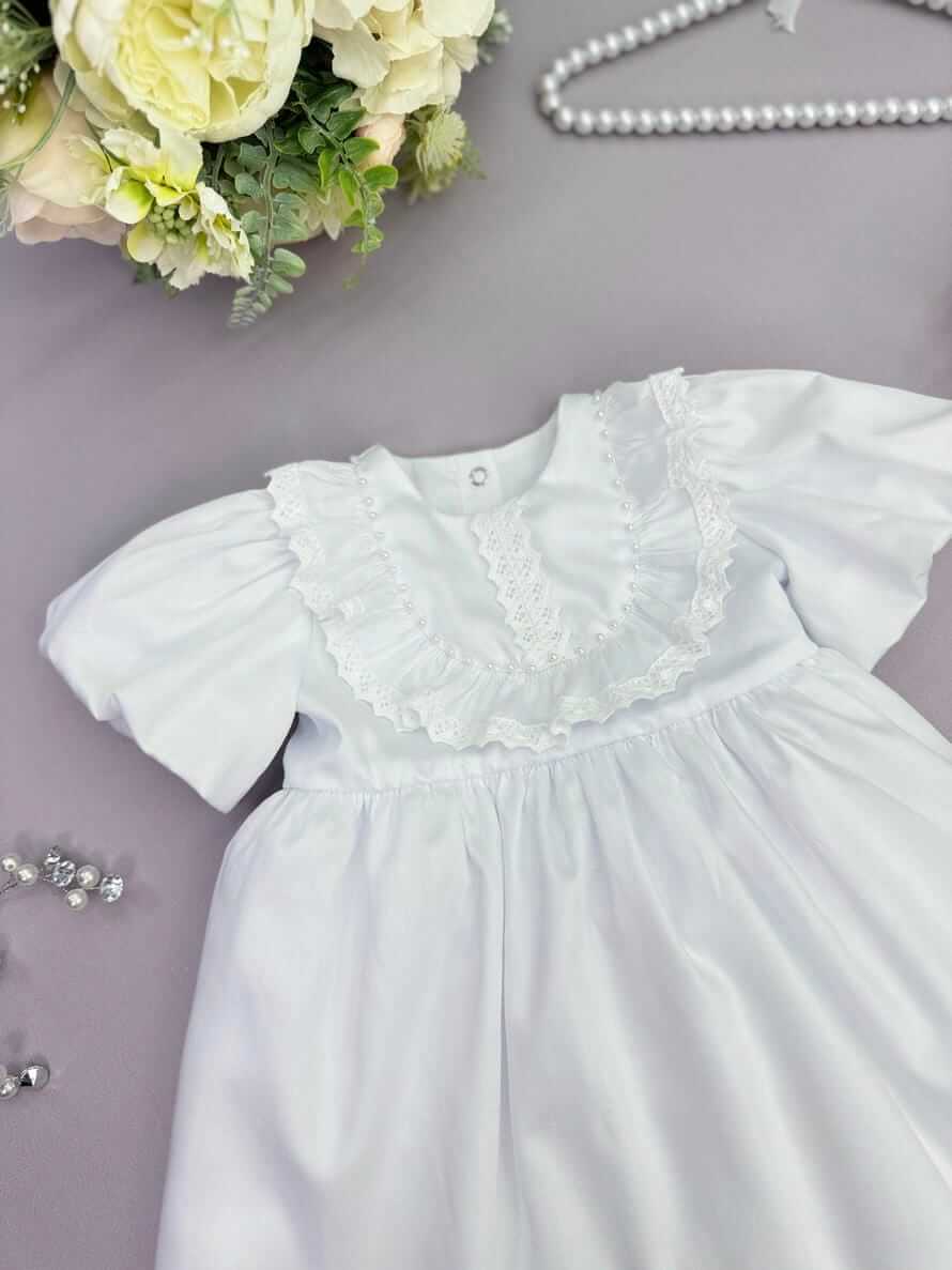 Хрестильний набір “Перлинна Принцеса” (Сукня, Чепчик, Пінетки), Білий Сатин