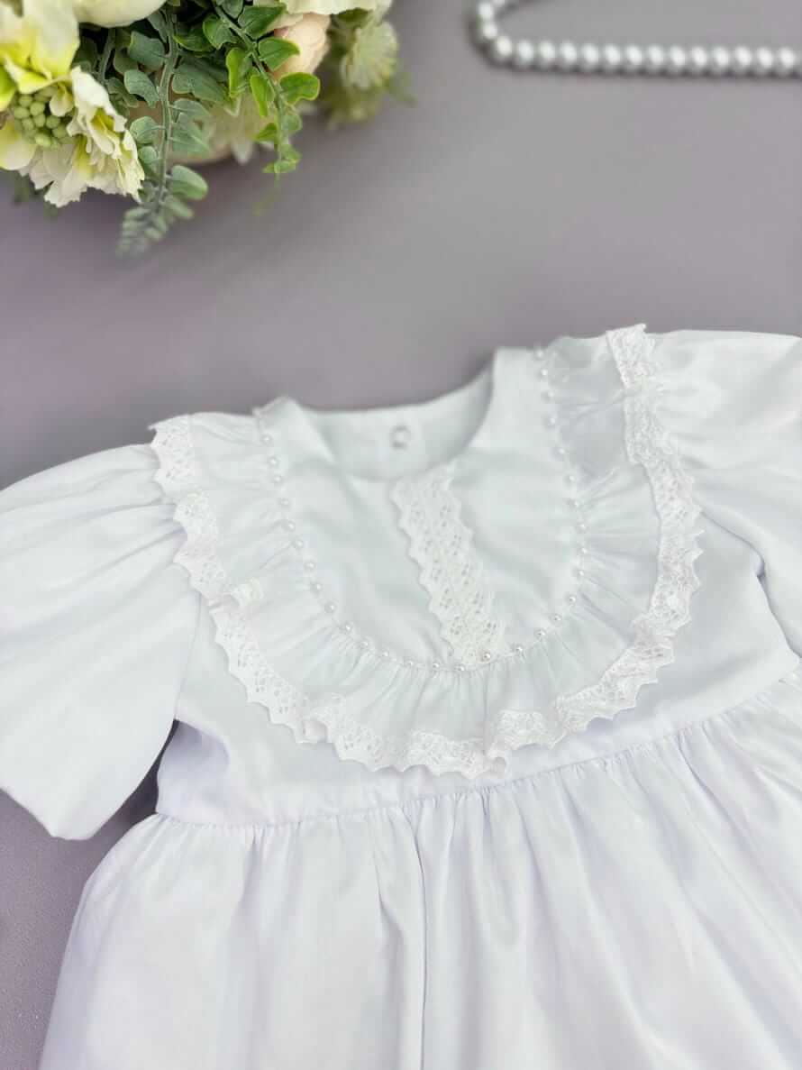 Хрестильний набір “Перлинна Принцеса” (Сукня, Чепчик, Пінетки), Білий Сатин