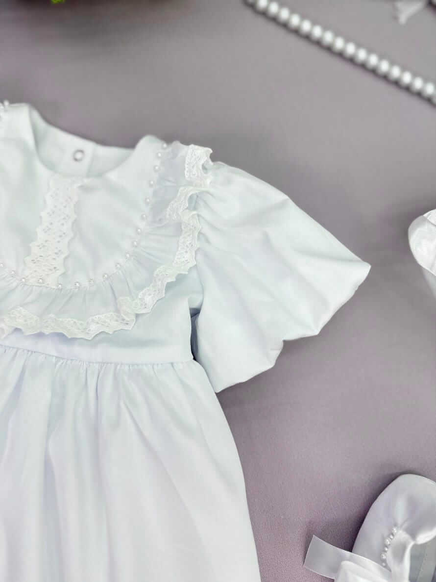 Хрестильний набір “Перлинна Принцеса” (Сукня, Чепчик, Пінетки), Білий Сатин