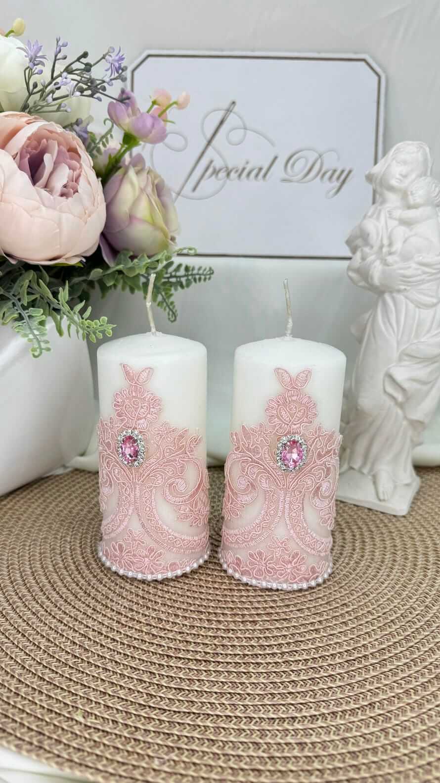 Свічки для хрещення “Рожева Ніжність” з мереживом та перлами
