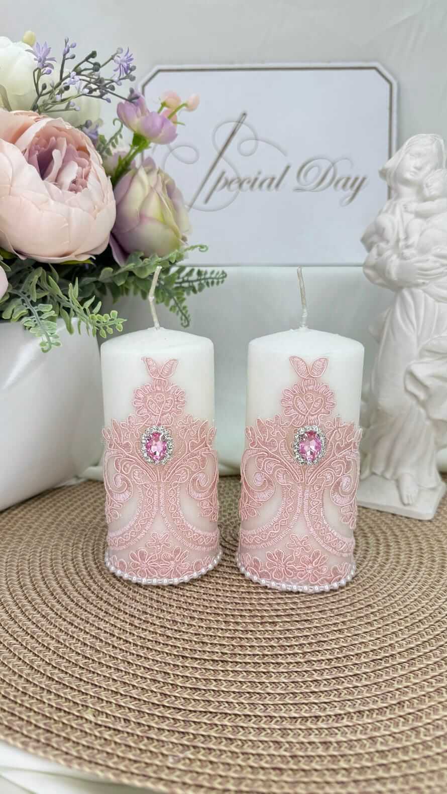 Свічки для хрещення "Рожева Ніжність" з мереживом та перлами