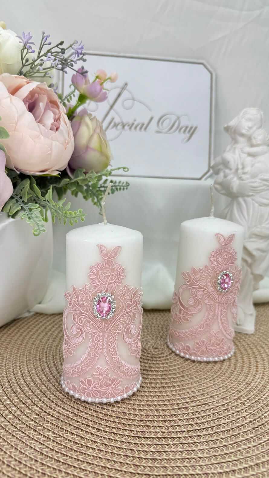 Свічки для хрещення “Рожева Ніжність” з мереживом та перлами