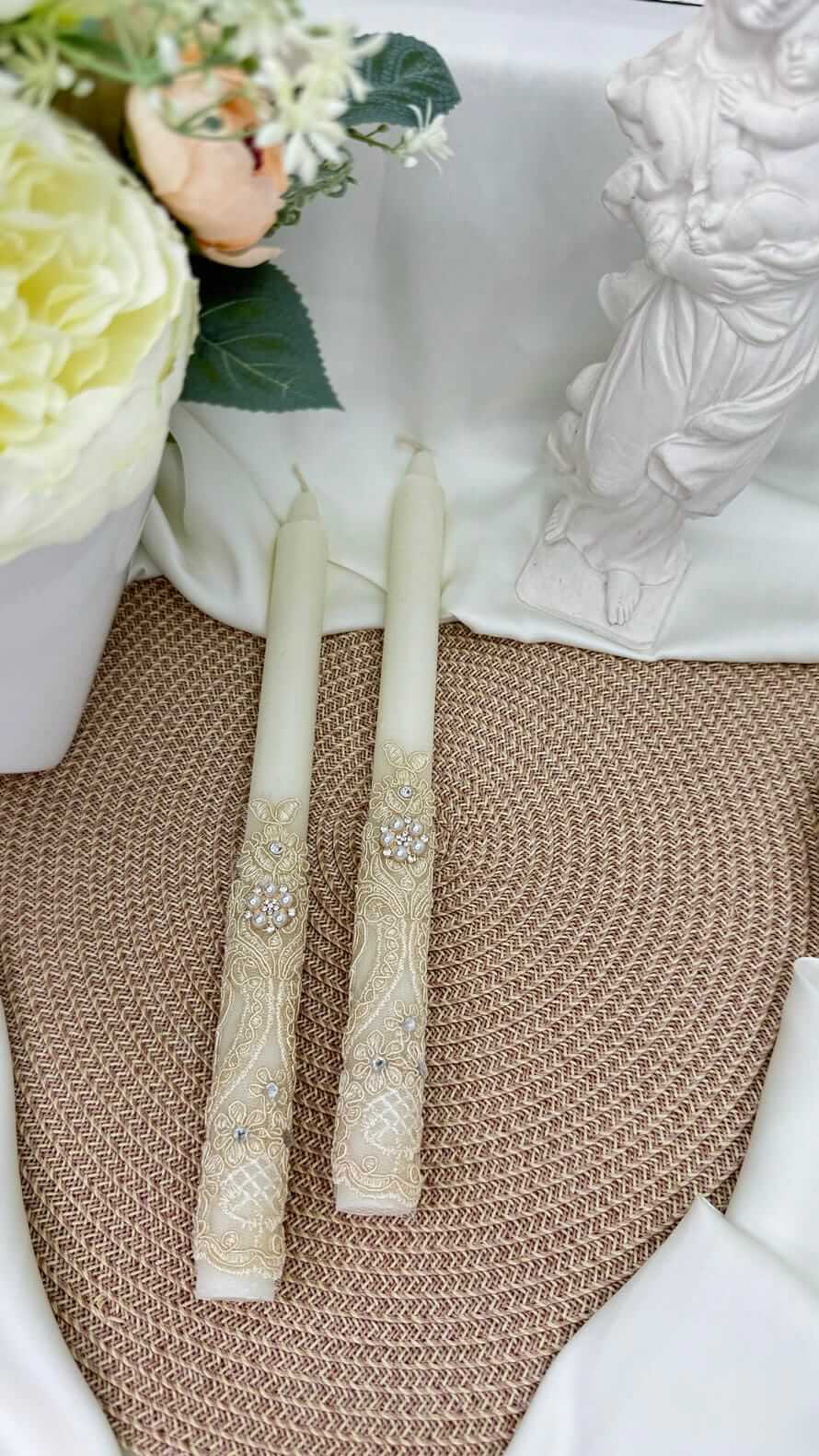 Свічки "Світло Вінчання" для хрещення/вінчання, високі, з мереживом та перлами