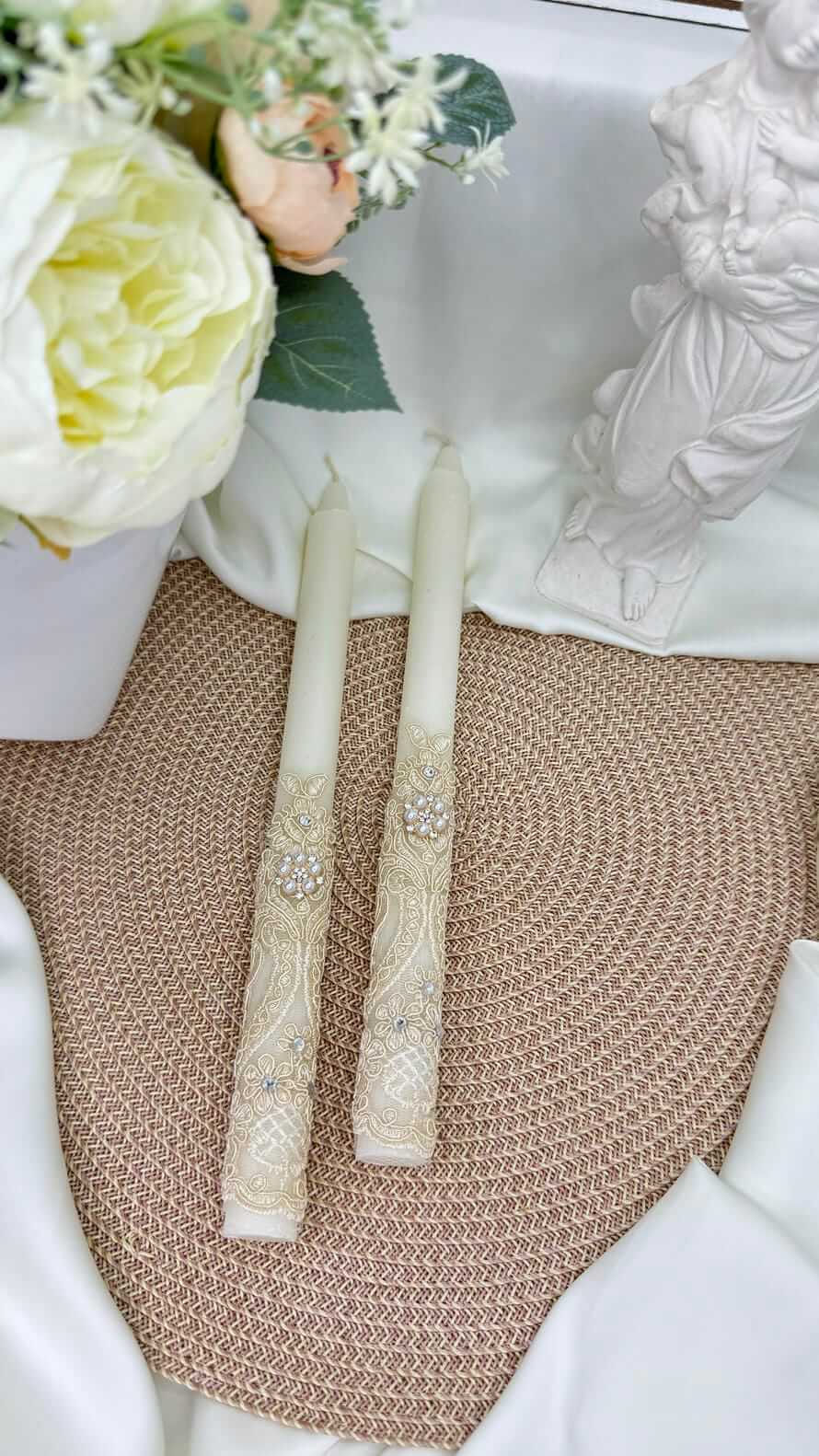 Свічки “Світло Вінчання” для хрещення/вінчання, високі, з мереживом та перлами