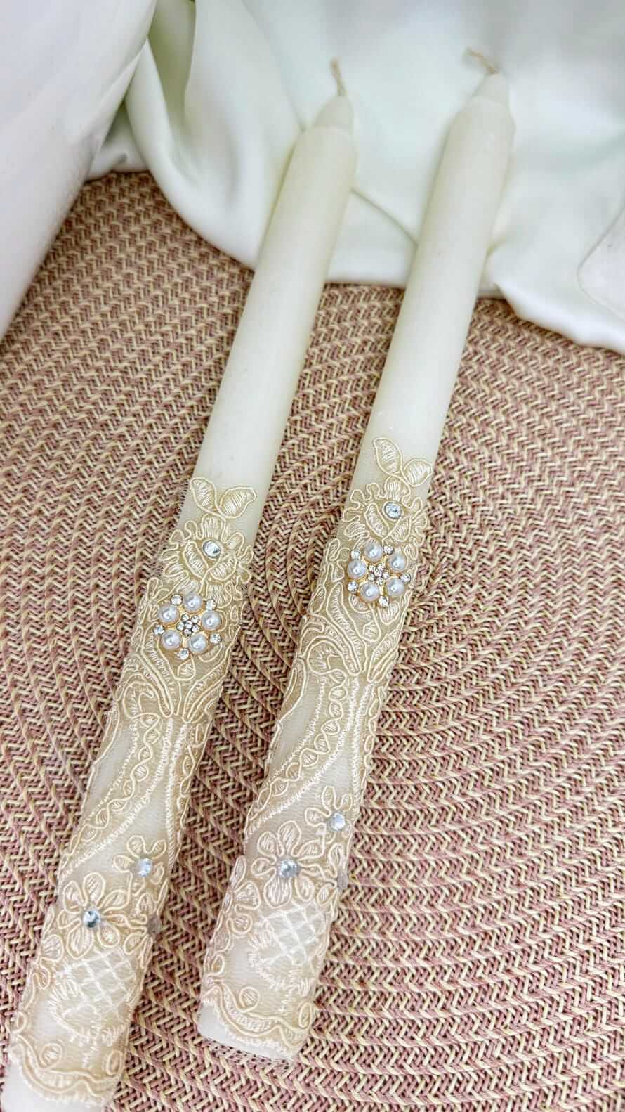 Свічки “Світло Вінчання” для хрещення/вінчання, високі, з мереживом та перлами