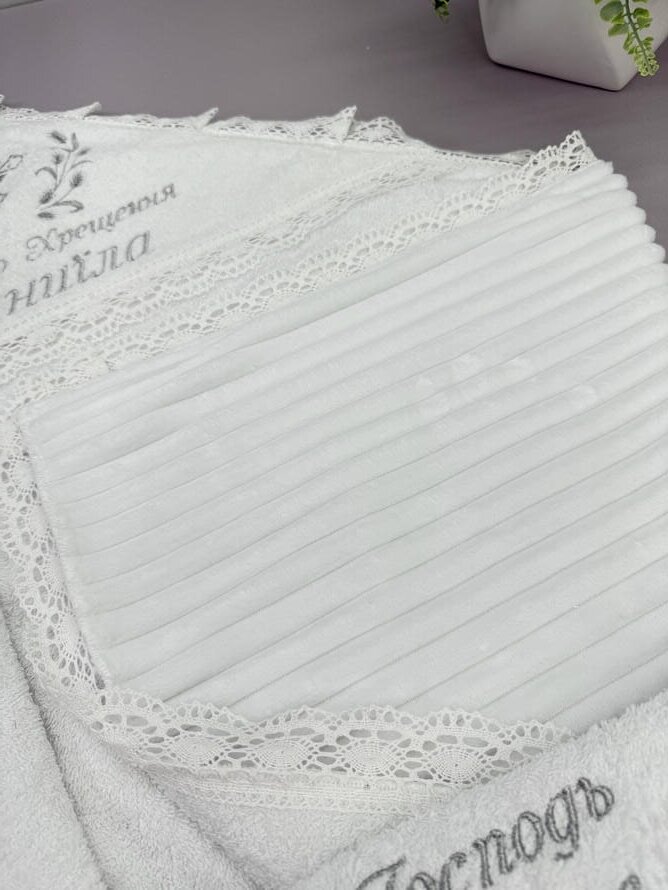 Крижма-плед “Снігова Корона” іменна, Велюр-Махра + Страйп-плюш, Срібна вишивка