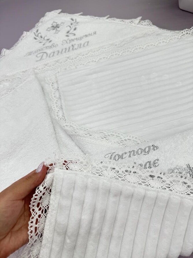 Крижма-плед “Снігова Корона” іменна, Велюр-Махра + Страйп-плюш, Срібна вишивка