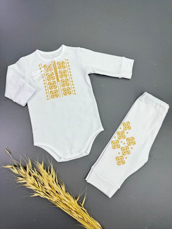 Хрестильний набір "Спадщина" для хлопчика: Боді,штанці,золота вишиванка