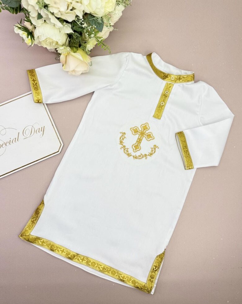 Хрестильна сорочка "Золотий Хрест" подовжена, білий сатин, золота вишивка