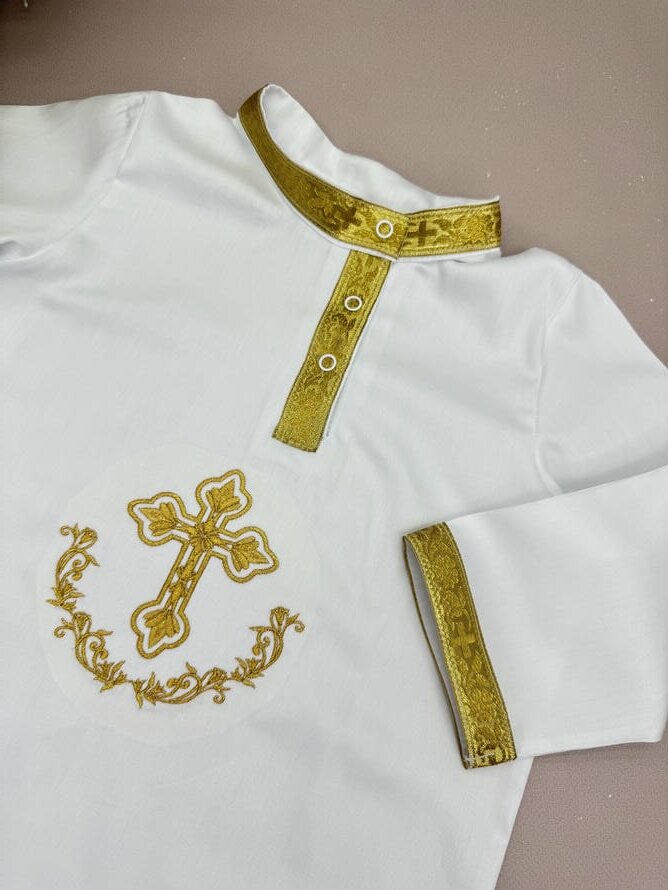 Хрестильна сорочка “Золотий Хрест” подовжена, білий сатин, золота вишивка