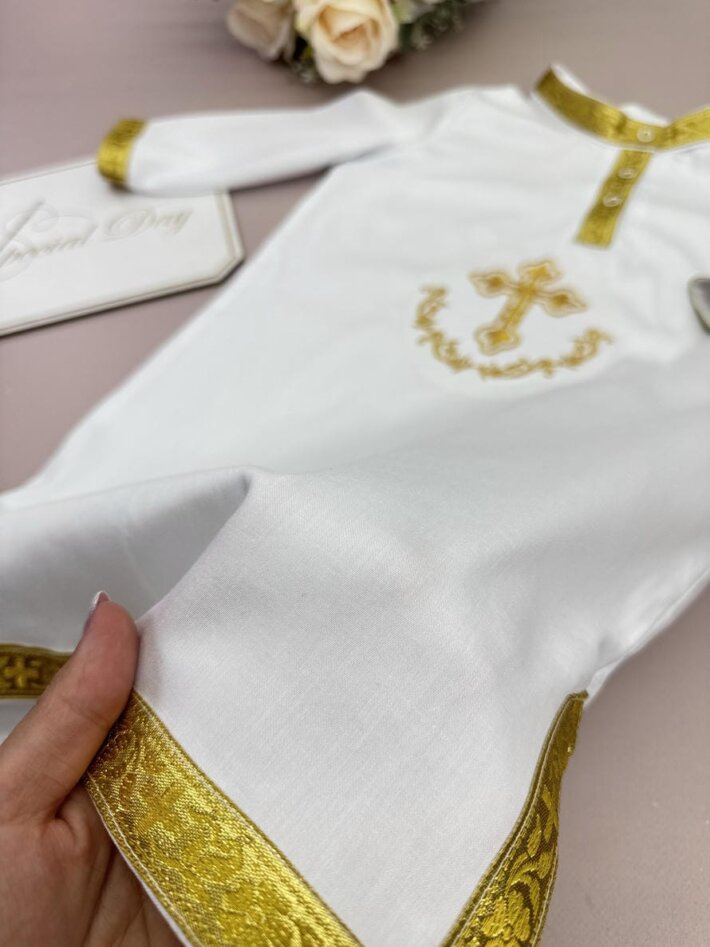 Хрестильна сорочка “Золотий Хрест” подовжена, білий сатин, золота вишивка