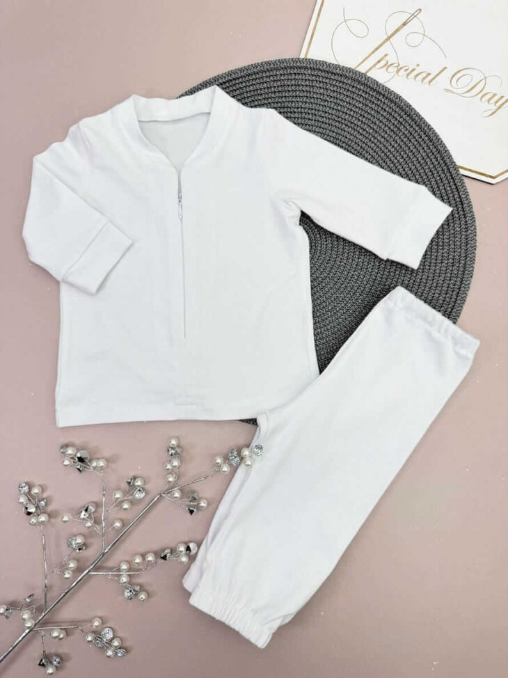 Хрестильний комплект "Світлий Комфорт": Сорочка на змійці + Штанці, Інтерлок, Білий