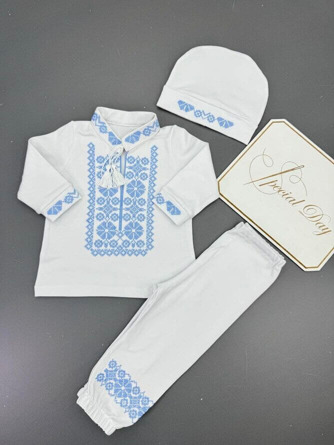Хрестильний набір "Блакитна Вишиванка" 3 в 1: Сорочка,шапочка,штанці