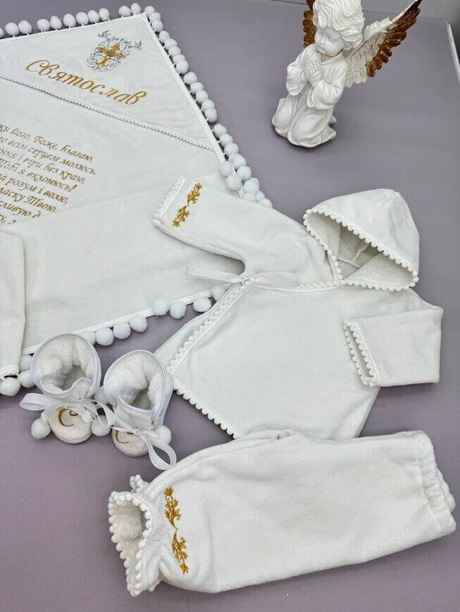 Махровий набір на хрестини “Ніжність” з крижмою-пледом та одягом