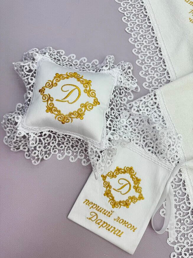 Іменний набір для хрещення “Елегантність” з крижмою, подушечкою та мішечком