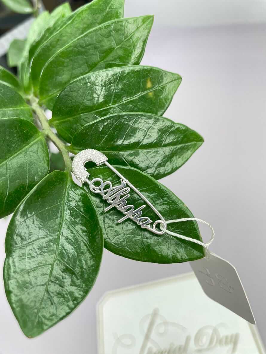 Именная серебряная булавка-оберег “Королевская Защита” 925 пробы с камнями