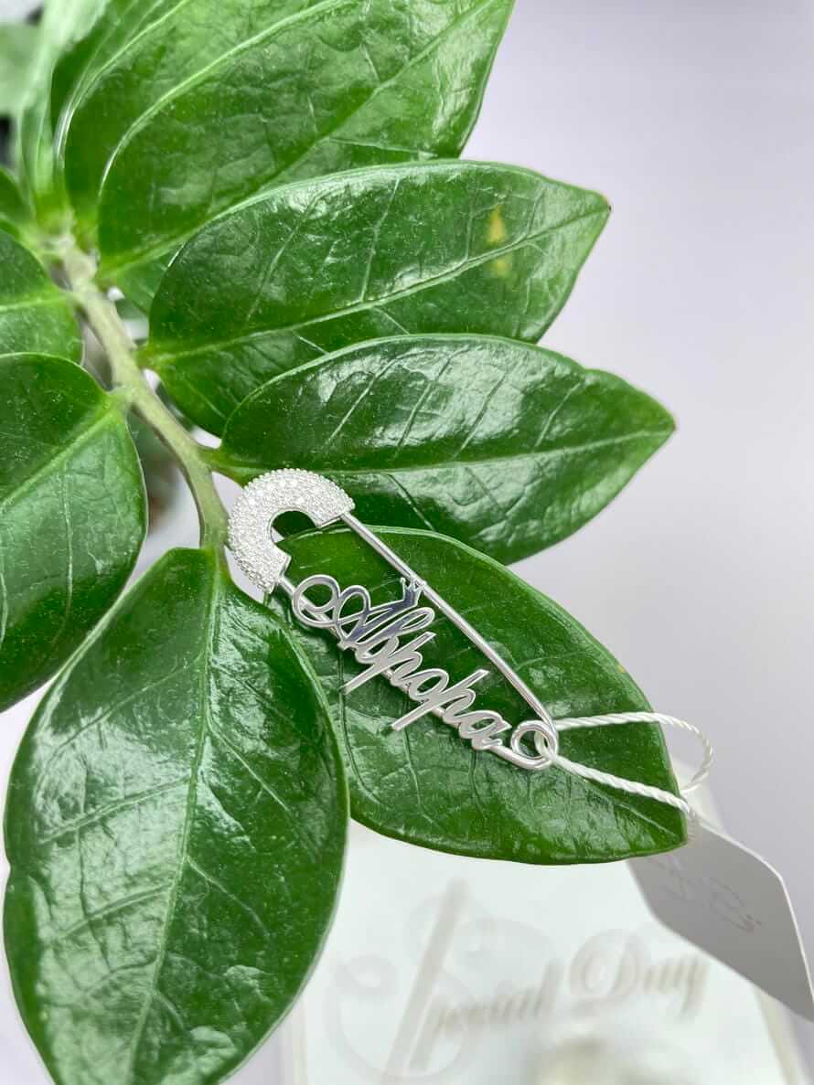 Именная серебряная булавка-оберег "Королевская Защита" 925 пробы с камнями