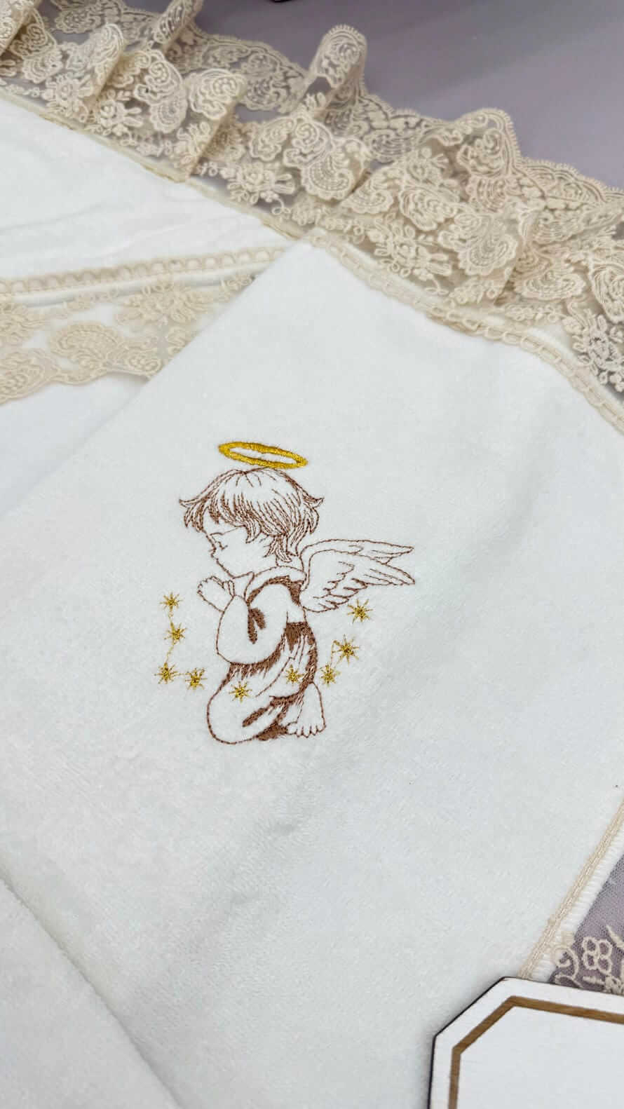 Іменна крижма для хрещення “Золотий ангел” з PREMIUM махри