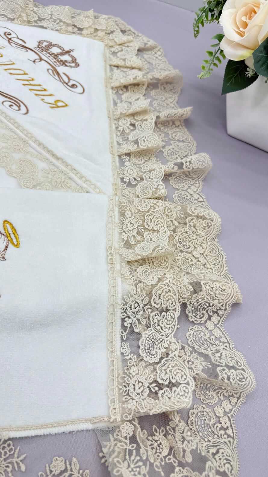 Іменна крижма для хрещення “Золотий ангел” з PREMIUM махри