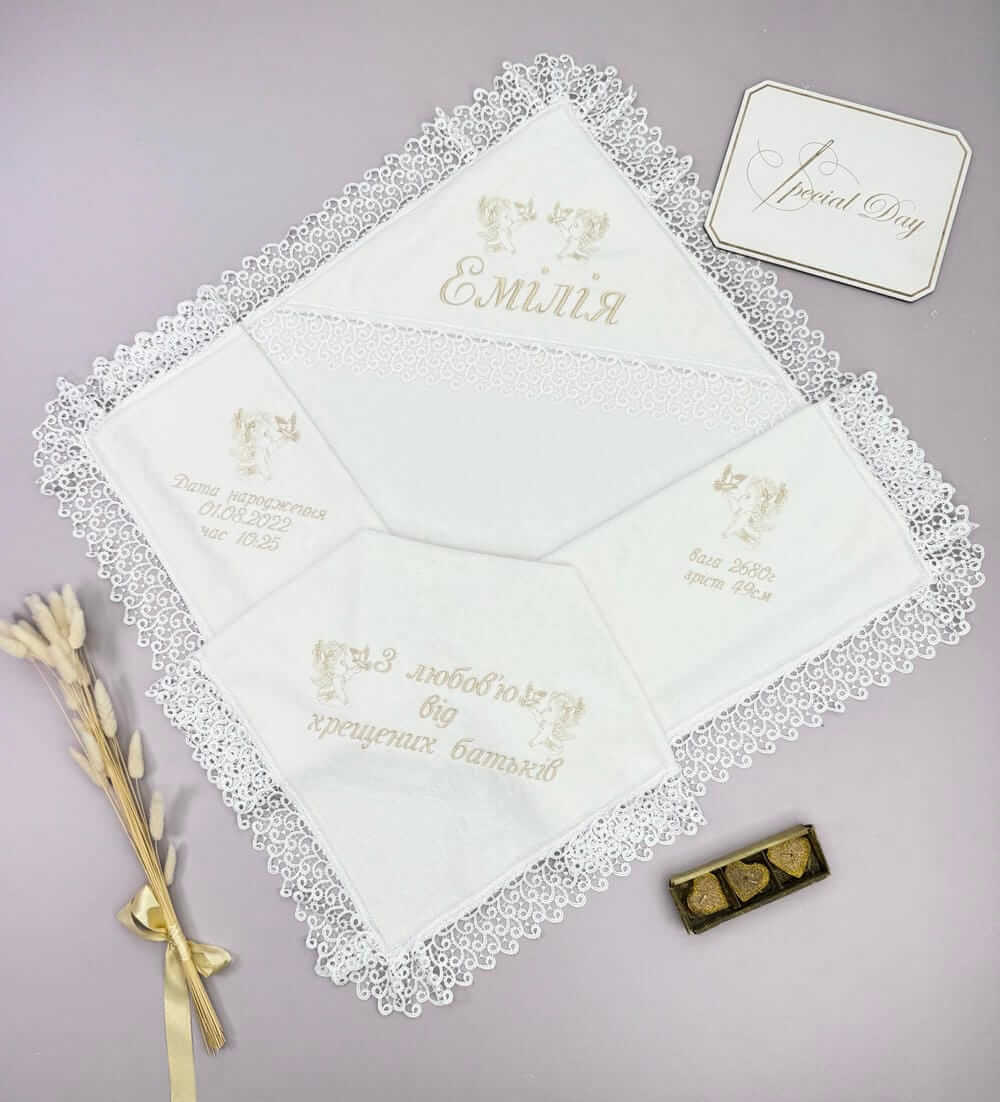 Крижма для хрещення "Золота Колиска" іменна, велюр-махра, турецьке мереживо