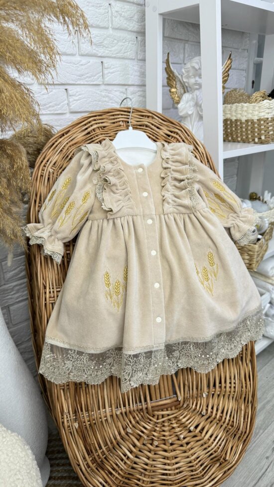 Велюрове плаття “Золотий Колос”, Темний Беж/Коричневий, Вишивка колоски