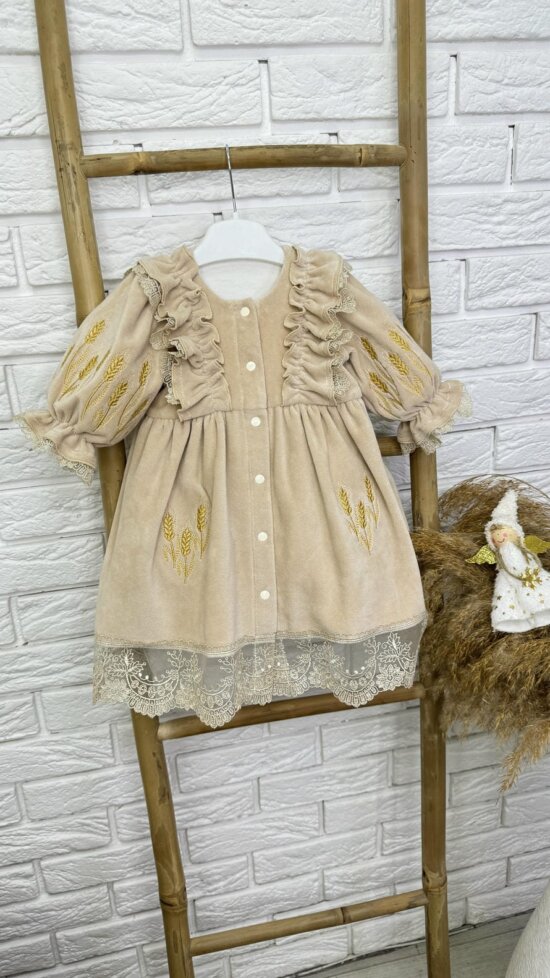 Велюрове плаття “Золотий Колос”, Темний Беж/Коричневий, Вишивка колоски