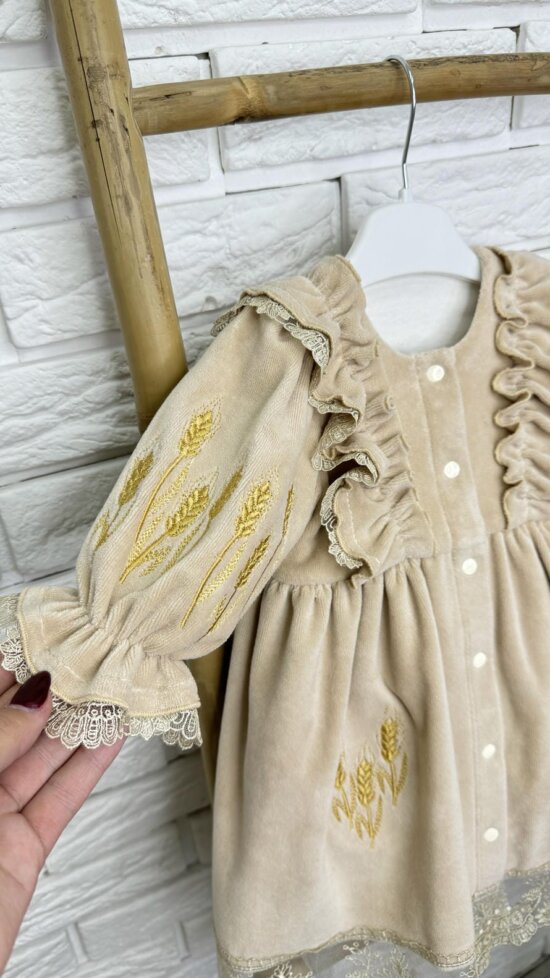 Велюрове плаття “Золотий Колос”, Темний Беж/Коричневий, Вишивка колоски