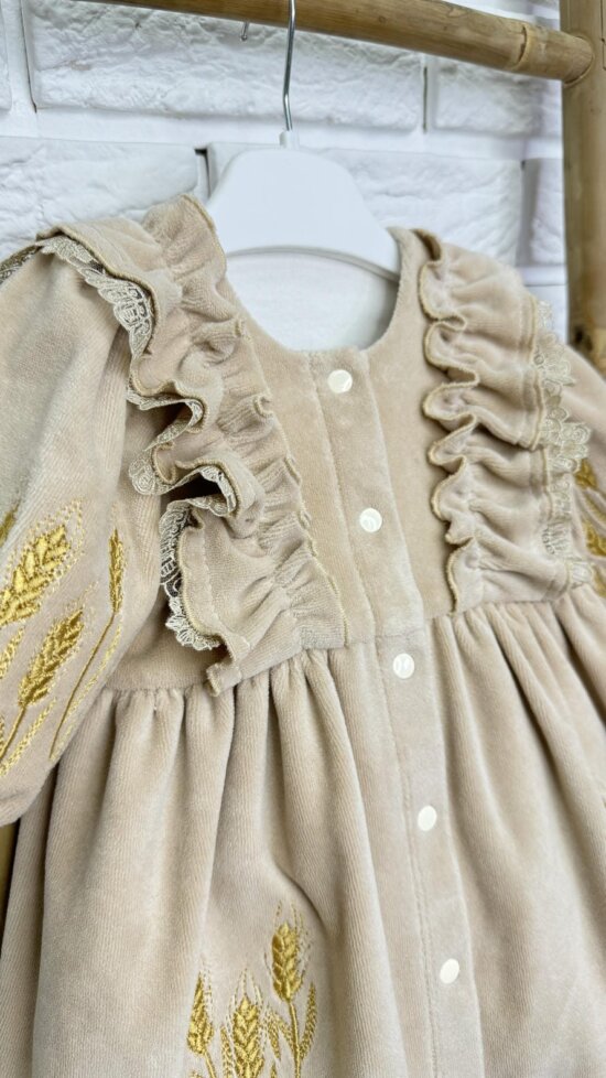 Велюрове плаття “Золотий Колос”, Темний Беж/Коричневий, Вишивка колоски