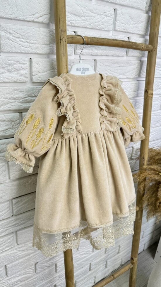 Велюрове плаття “Золотий Колос”, Темний Беж/Коричневий, Вишивка колоски