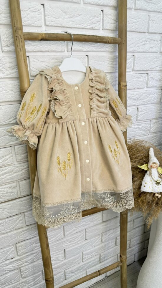 Велюрове плаття "Золотий Колос", Темний Беж/Коричневий, Вишивка колоски