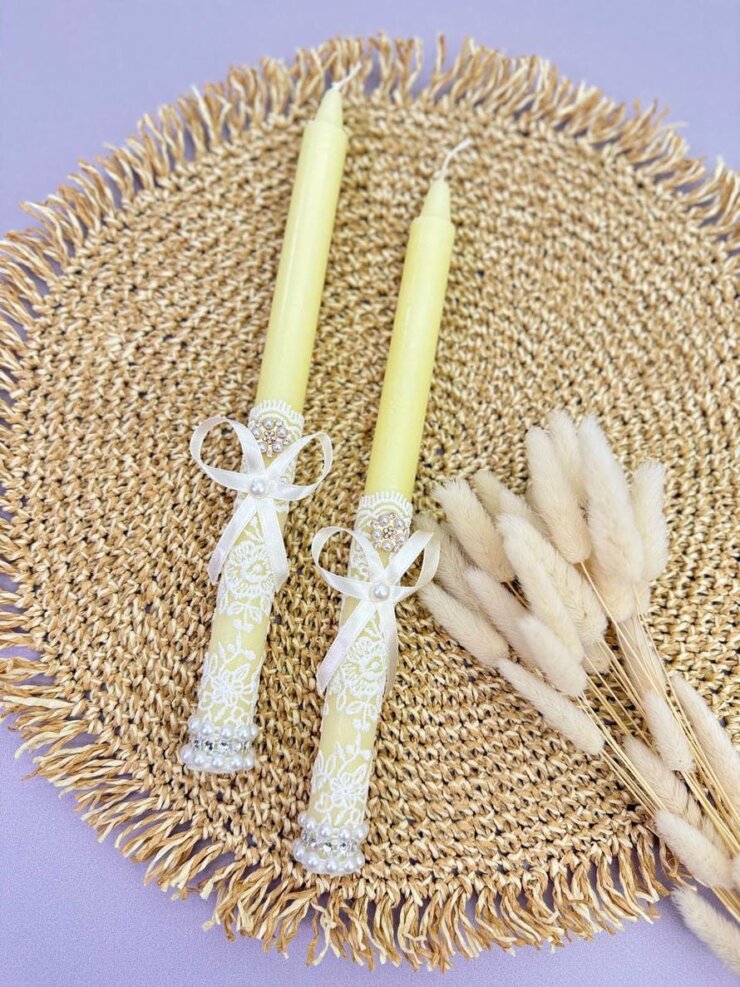 Набір свічок "Елегантна Перлина" (2 шт.), Айворі, Бежеве мереживо для хрещення